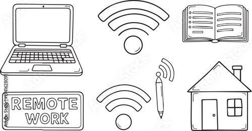 Set of 7 remote work icons vector, line style