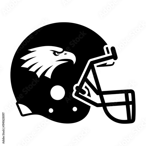 American football helmet with eagle mascot logo for sports team branding, black and white vector illustration