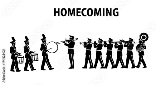 Homecoming Marching Band Parade with Brass Instruments and Drums
