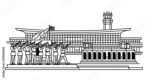 Honor Guard Salute at Airport Terminal Building with American Flag