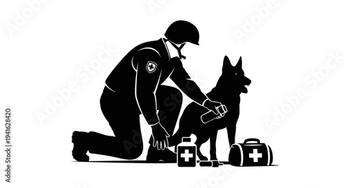 Kneeling Officer Administers Aid to Service Dog with Medical Kit