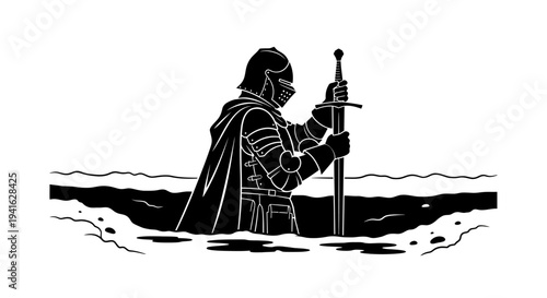 Knight in Armor Holding Sword in Water Silhouette