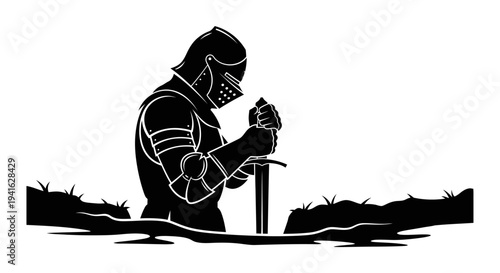 Knight in Armor Kneeling with Sword in Ground Silhouette