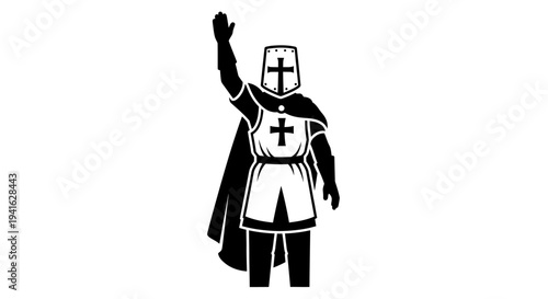Knight Templar Silhouette with Raised Hand, Medieval Warrior Icon