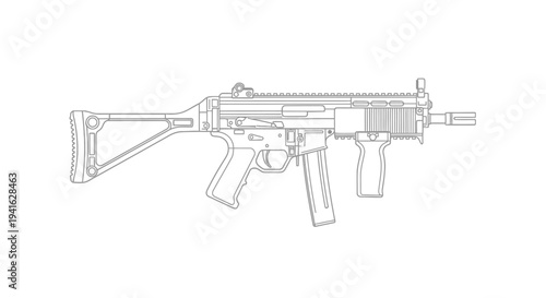 Line Art Drawing of a Modern Assault Rifle with Collapsible Stock and Foregrip