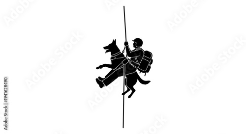 Man and dog climbing pole, teamwork, adventure, extreme sport, silhouette