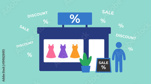 Storefront with sale signs and discount symbols surrounding it.