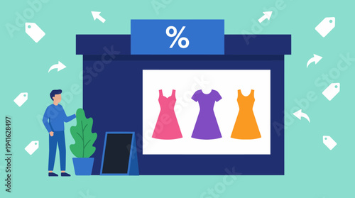 Man standing next to a clothing store display with dresses and discount sign.