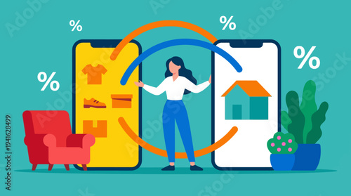 Woman choosing furniture online with percentage symbols around her.