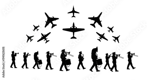 Military Air Show: Marching Band and Fighter Jets Formation Flying