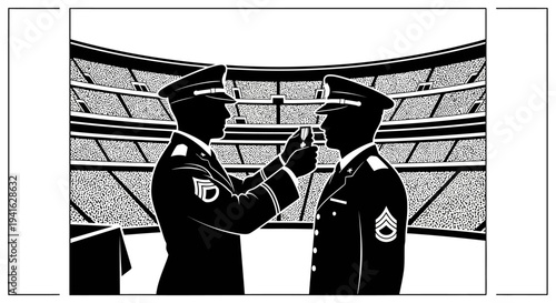Military Award Ceremony: Officer Pinning Medal on Soldier in Stadium