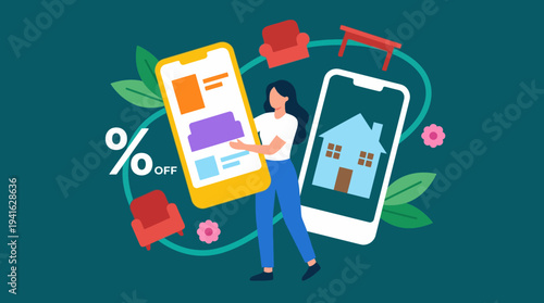 Woman browsing mobile phone with discount offer and house on another phone screen.