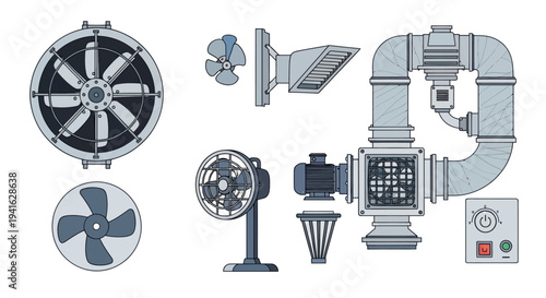 Illustrated collection of industrial ventilation and air circulation system components including fans ducts vents and a control panel.