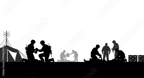 Military Camp Silhouette: Soldiers Working, Tent, and Supplies at Dusk