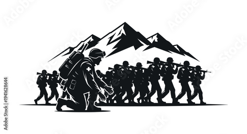 Military Medic Leading Soldiers Through Mountainous Terrain