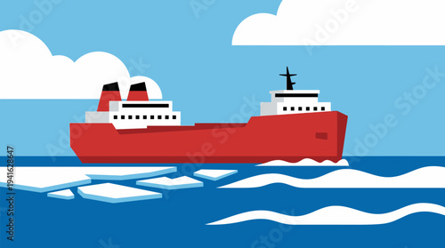 Red cargo ship sailing through icy waters under a cloudy sky.