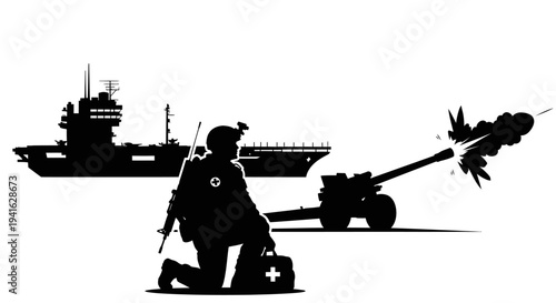 Military Medic Kneeling Beside Cannon with Aircraft Carrier Silhouette