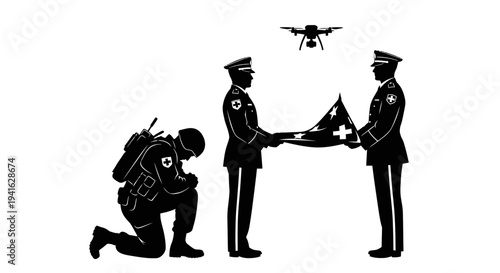 Military Medical Drone and Soldiers Honoring Flag with Medical Symbol