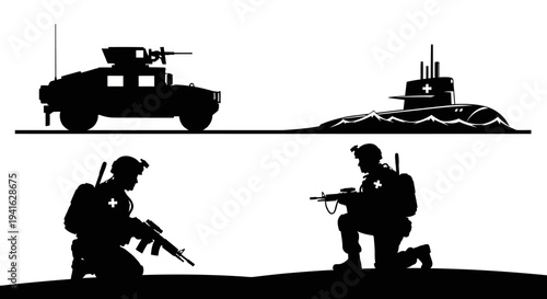 Military Medical Team, Armored Vehicle, and Submarine Silhouette