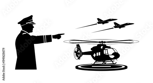 Military Officer Directs Helicopter and Fighter Jets in Formation