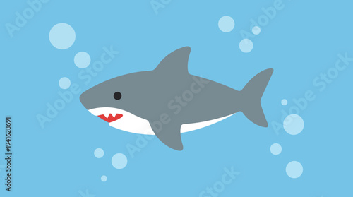 Cartoon shark swimming in the ocean with bubbles around it.