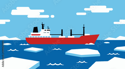 Red cargo ship sailing through icy waters with floating icebergs.