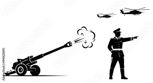 Military officer directing artillery fire with helicopters flying overhead