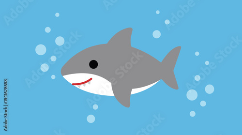 A cartoon shark swimming in the ocean with bubbles around it.