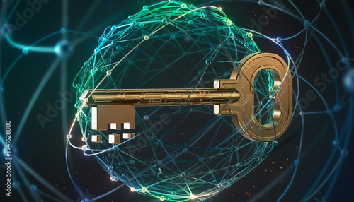 Golden digital key in complex glowing data mesh for security