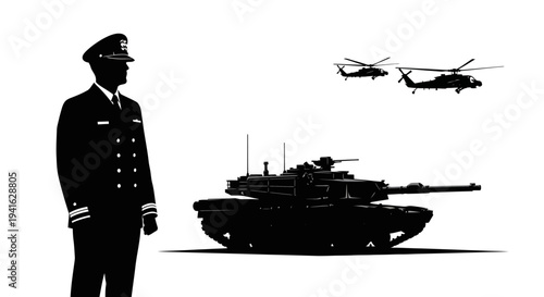 Military Officer Overseeing Tank and Helicopters: Symbol of Power and Defense