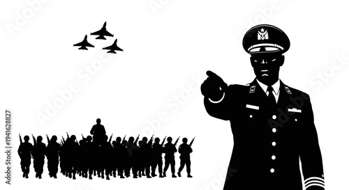 Military Parade: Commander Directs Troops and Air Force Jets Fly Overhead