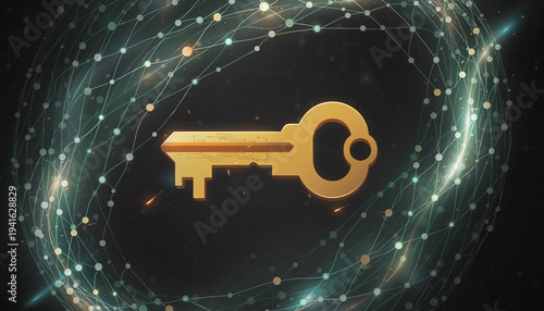 Golden digital key in complex glowing data mesh for security
