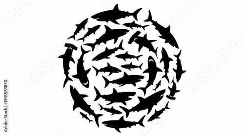 Black and white illustration of a school of sharks forming a circular pattern.