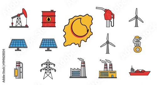 Energy Industry Icons: Oil Derrick Solar Panels Wind Turbines and Power Plants.