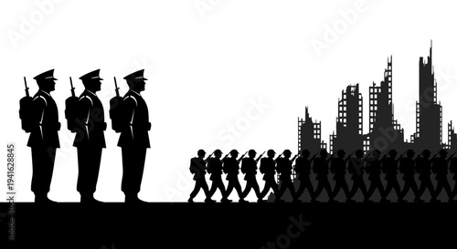 Military parade in ruined city, soldiers marching past destroyed buildings, war aftermath concept