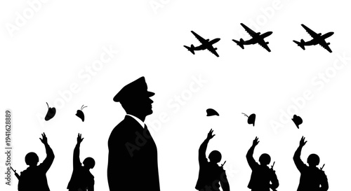 Military Parade: Soldiers Cheer, Planes Fly Over Dignitary Silhouette