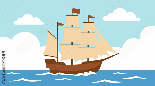 Vintage sailing ship on the ocean with white clouds.