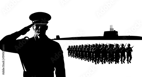 Military Parade: Soldier Saluting, Troops Marching, Submarine Silhouette