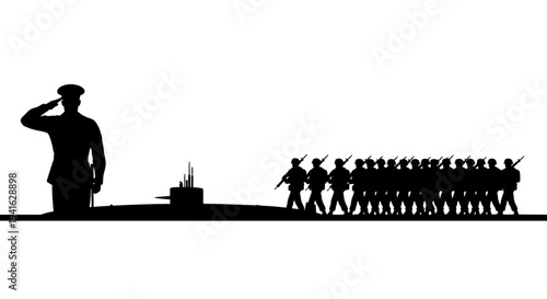 Military Parade: Soldiers Marching Past Submarine and Officer Saluting