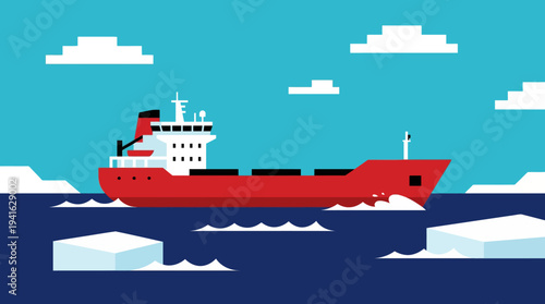 Red cargo ship navigating through icy waters under a clear blue sky.