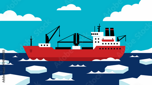 Red cargo ship navigating through icy waters with icebergs.
