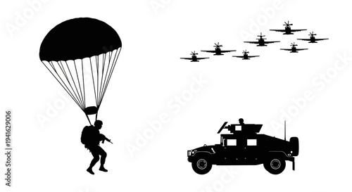 Military Paratrooper Landing Near Humvee with Air Support