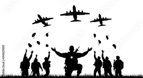 Military Paratroopers Jumping From Cargo Planes, Soldiers Celebrating Air Drop