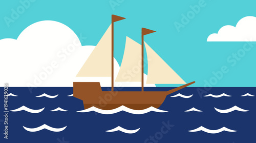 Vintage sailing ship on the ocean with blue sky.