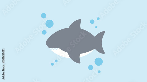 Simple gray shark swimming underwater with bubbles.