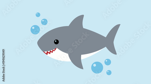 Cartoon illustration of a gray shark with sharp teeth swimming underwater.