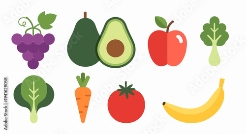 A variety of colorful fruit and vegetable icons.