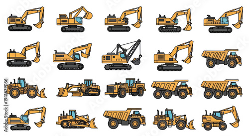 A collection of yellow heavy construction machinery illustrations including excavators bulldozers wheel loaders and dump trucks.