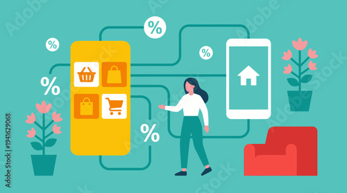 Woman interacting with online shopping interface on mobile phone.