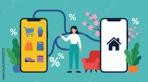 Woman transferring data between two mobile phones with shopping icons and home symbol.